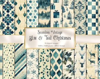 Vintage Blue Teal Christmas Digital Paper, Snowflake Seamless Patterns (Digital Download)