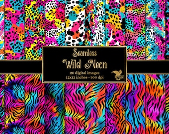 Papel digital con estampado animal neón salvaje, guepardo y tigre sin costuras (descarga digital)