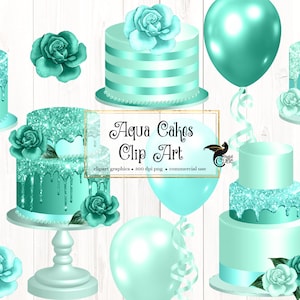 Aqua Cakes Clipart, koninklijke verjaardag en baby shower turquoise cyaan cake clip art instant download voor commercieel gebruik