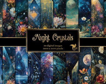 Night Crystals Digital Paper, celestial digital paper fantasy scrapbook pages printable paper instant download