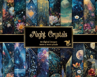 Night Crystals Digital Paper, celestial digital paper fantasy scrapbook pages printable paper instant download