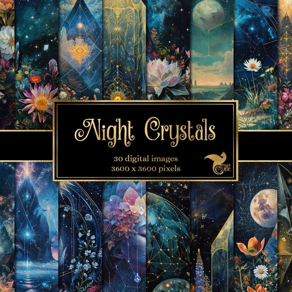 Nacht Kristalle Digitales Papier, himmlische digitales Papier Fantasy Scrapbook Seiten druckbares Papier zum sofortigen Download