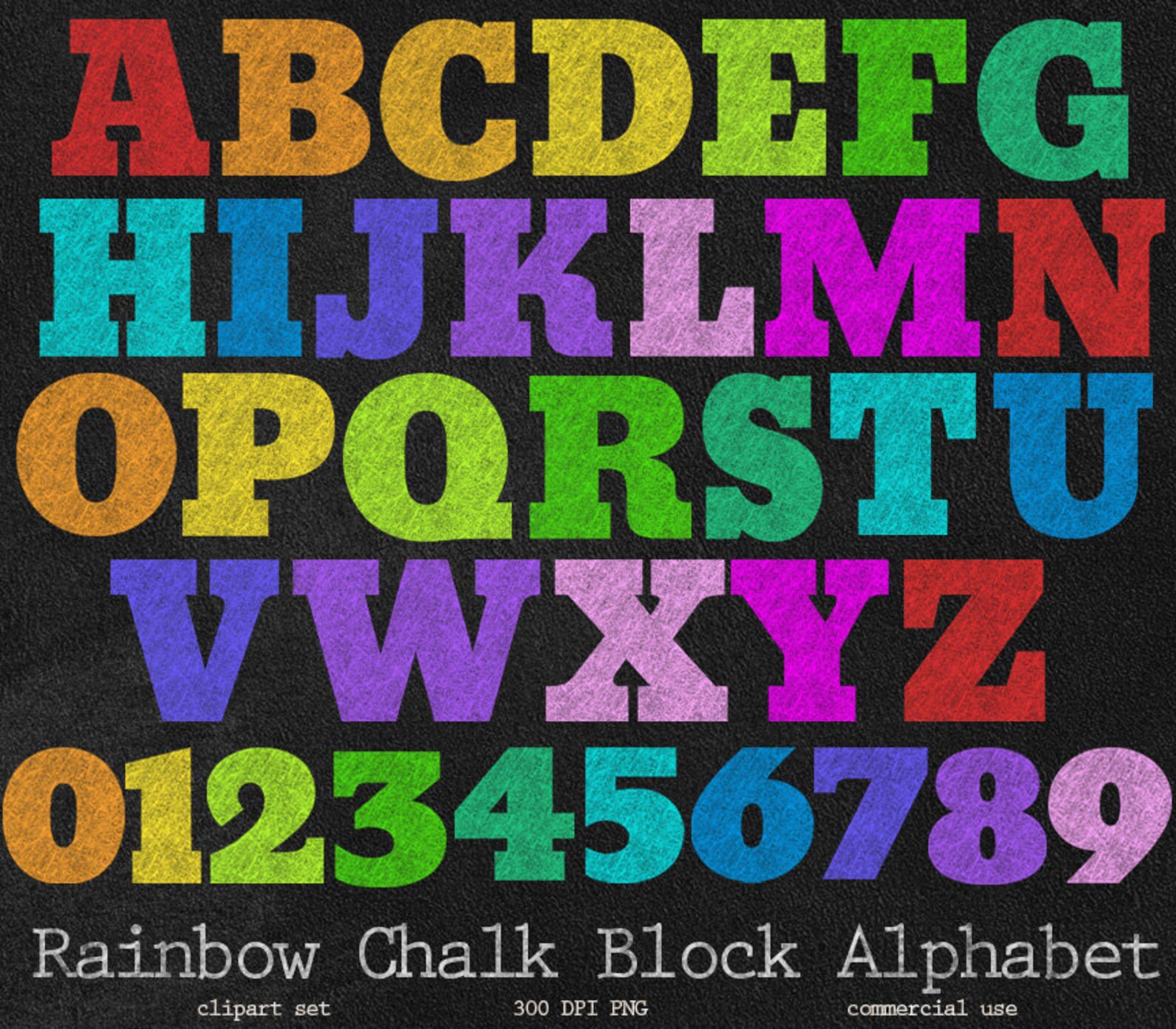 Rainbow Chalk Block Letters Chalkboard Alphabet and Numbers Etsy