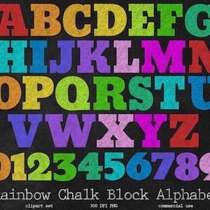 レインボーチョークブロック文字 - 黒板のアルファベットと数字、新学期用マルチカラーPNGクリップアートセット