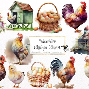 Clipart de poulet aquarelle - mignons poulets et poussins, téléchargement instantané de format PNG animal de ferme pour un usage commercial