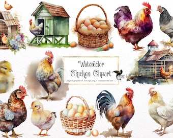 Watercolor Chicken Clipart - cute chickens and chicks, farm animal PNG format instant download for commercial use