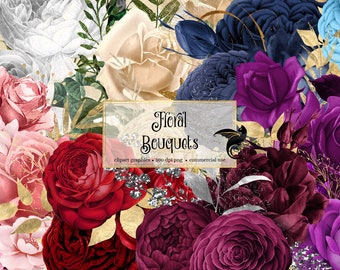 167 Floral Bouquets Clip Art, digital instant download painted watercolor flower png embellishments rose bouquets, gold glitter roses