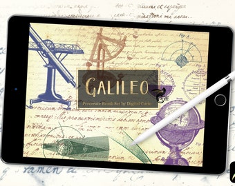 Procreate Galileo Brush Set - 70 stamps, textures, handwriting, and dynamic brushes of vintage astronomy illustrations and diagrams