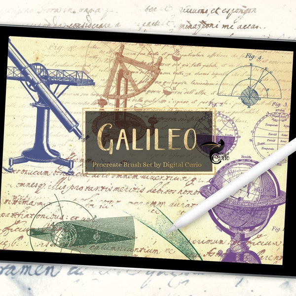 Procreate Galileo Brush Set - 70 stamps, textures, handwriting, and dynamic brushes of vintage astronomy illustrations and diagrams