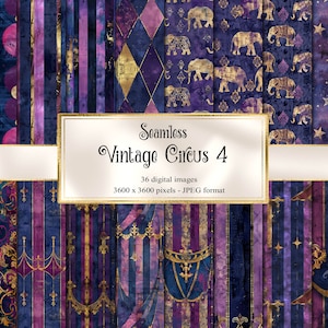 arrière-plans en papier numérique vintage Circus 4, textures grunge vieillies, utilisation commerciale de papier de scrapbooking imprimable Freakshow violet et or