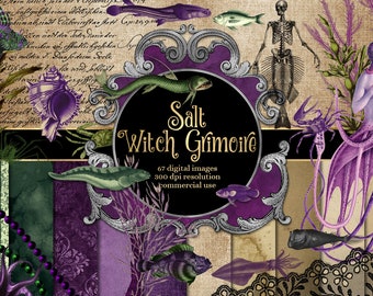 Op de afbeelding: Een digitale collage van afbeeldingen met een paars en gouden kleurenschema. Het midden van de collage heeft een cirkelvormig frame met de tekst "Salt Witch Grimoire" in gouden letters. Het frame is omringd door afbeeldingen van zeedieren, zeewier en een skelet. De tekst "67 digitale afbeeldingen, 300 dpi resolutie, commercieel gebruik" is ook in de collage opgenomen.