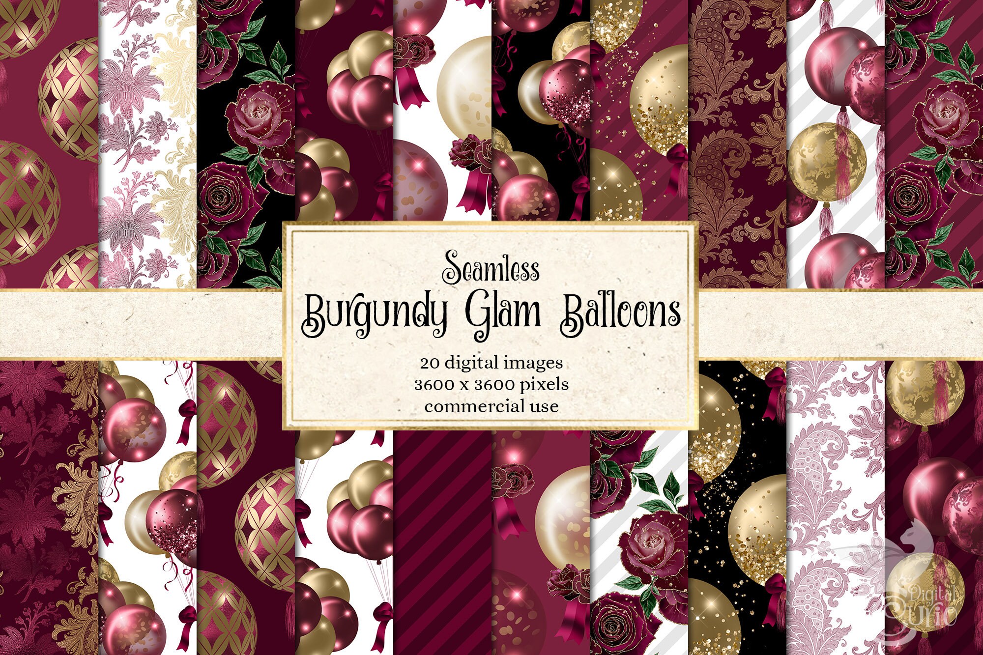 Burgundy and Gold Glam Balloons Digital Paper – Seamless Patterns ...
