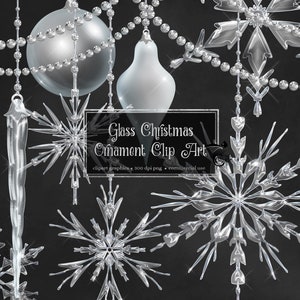 Glass Christmas Ornaments Clipart, digital icicle snowflake and Christmas ball ornament clip art in png format for commercial use