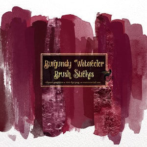 Burgundy Watercolor Brush Strokes Clipart, paint elements in digital PNG format instant download for commercial use