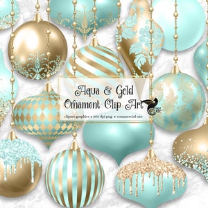 Aqua and Gold Christmas Ornaments Clipart, digital glitter Christmas ball ornament clip art in png format for commercial use