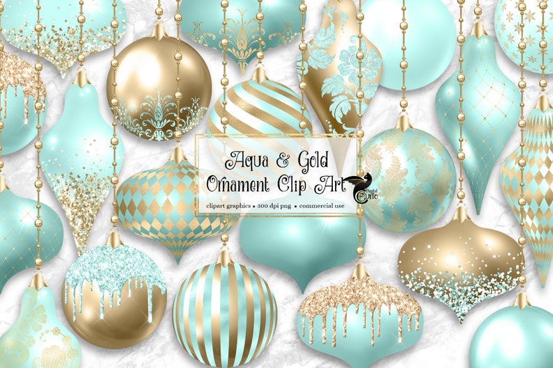 Aqua and Gold Christmas Ornaments Clipart Digital Glitter Etsy