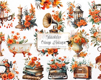 Watercolor Orange Antique Clipart - vintage shabby PNG format instant download for commercial use