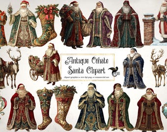 Imágenes prediseñadas de Papá Noel antiguo: Gráficos navideños victorianos ornamentados (PNG, descarga digital)