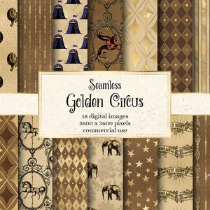 Golden Circus digital paper, seamless printable circus backgrounds moon and stars gold patterns