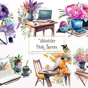 Może przedstawiać: Aquarelowe ilustracje różnych scen biurowych z laptopami, kwiatami, roślinami, książkami i artykułami biurowymi. Ilustracje są w miękkiej, stonowanej palecie kolorów i mają kapryśny, ręcznie malowany styl.