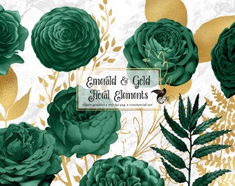 Emerald and Gold Floral Elements Clip Art - digital clipart graphics of roses and gold foil leaves in png format for commercial use 01egd