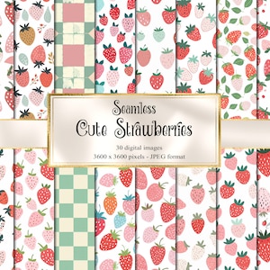 Cute Strawberries Digital Paper - seamless pastel fruit background patterns instant download for commercial use