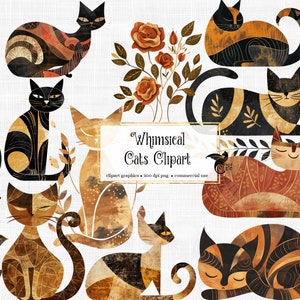 Whimsical Cats Clipart - cute cat graphics in PNG format instant download for commercial use