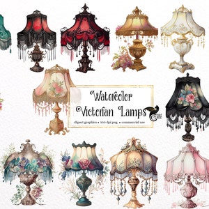 May include: A set of 12 watercolor illustrations of Victorian lamps. The lamps are in various colors and styles, including black, red, gold, and green. Each lamp has a unique design and features intricate details. The illustrations are perfect for use in digital scrapbooking, card making, and other creative projects.