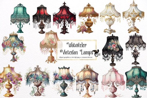 Watercolor Victorian Lamps Clipart – Antique Lamp PNG (Commercial Use)