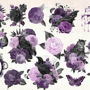 Peut inclure: Un ensemble d'illustrations num&eacute;riques repr&eacute;sentant des fleurs violettes et noires, des hiboux, des corbeaux, des cr&acirc;nes, un lustre et un papillon. Les illustrations sont de style vintage et seraient parfaites pour le scrapbooking, la fabrication de cartes ou d'autres projets d'artisanat.