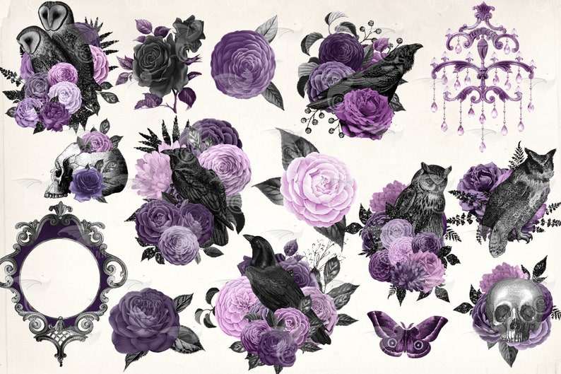 Peut inclure: Un ensemble d'illustrations num&eacute;riques repr&eacute;sentant des fleurs violettes et noires, des hiboux, des corbeaux, des cr&acirc;nes, un lustre et un papillon. Les illustrations sont de style vintage et seraient parfaites pour le scrapbooking, la fabrication de cartes ou d'autres projets d'artisanat.