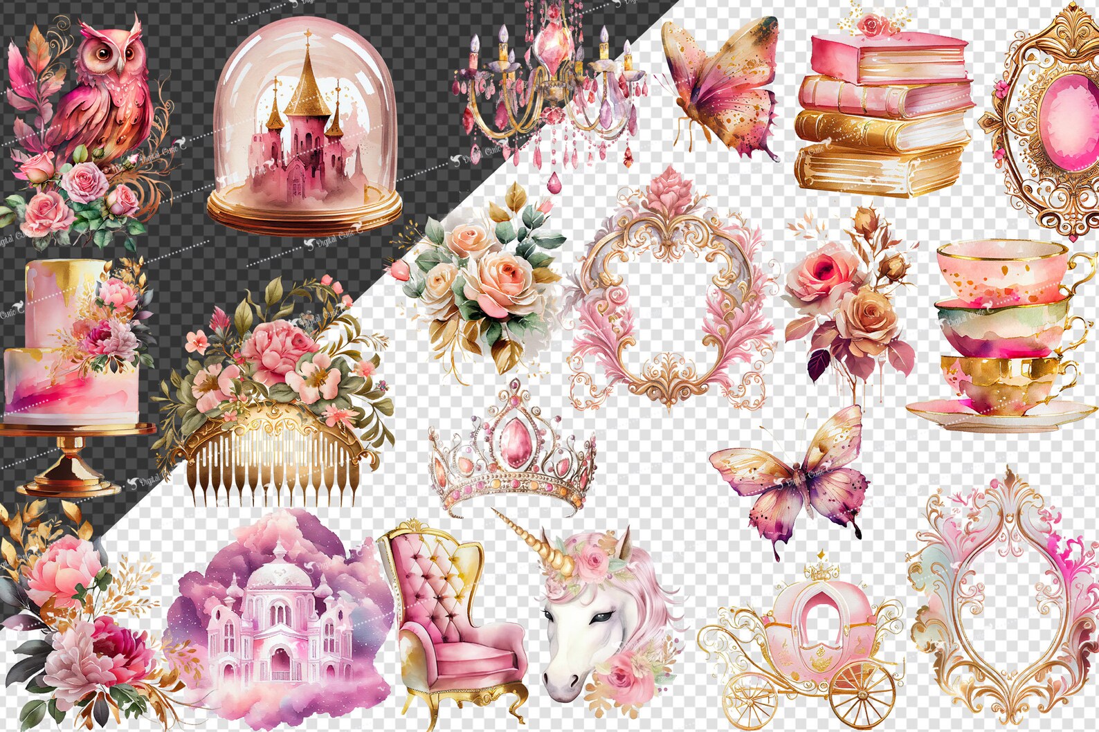 Watercolor Pink Princess Clipart – Fairy Tale Graphics (PNG, Digital ...