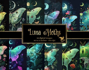 Luna Moth Digital Paper, Fantasy Printable Scrapbook Pages (8.5x11 inch) (Digital Download)