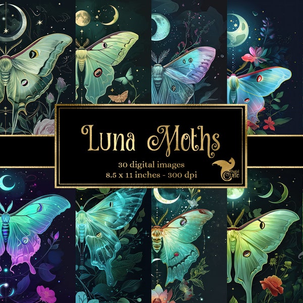 Luna Moths Digital Paper, cahier numérique papier fantasy junk journal pages imprimables 8,5x11 pouces A4 papier téléchargement instantané
