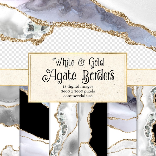White and Gold Agate Borders, digital watercolor geode PNG overlays with gold glitter for commercial use in wedding invitation or web design