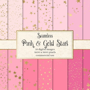 Roze en gouden sterren digitaal papier, naadloze gouden sterpatronen, gouden en roze sterren, babyborrels, betegelbare instant download commercieel gebruik