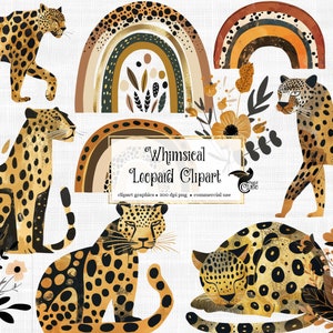 Whimsical Leopard Clipart - cute leopard rainbows and flowers PNG format instant download for commercial use