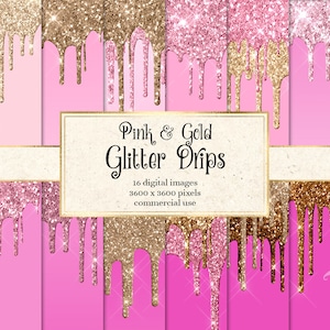 Pink and Gold Dripping Glitter Digital Paper, glitter backgrounds with frosting drips printable scrapbook paper for commercial use
