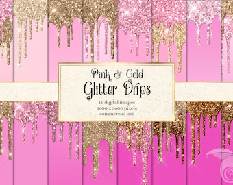 Pink and Gold Dripping Glitter Digital Paper, glitter backgrounds with frosting drips printable scrapbook paper for commercial use