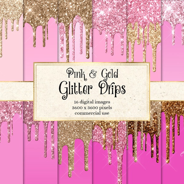Pink and Gold Dripping Glitter Digital Paper, glitter backgrounds with frosting drips printable scrapbook paper for commercial use