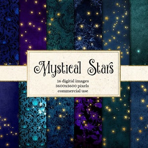 Mystical Star Backgrounds, Golden starry night digital papers, printable scrapbook paper star magic fantasy texture pack gold foil glow
