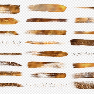 May include: A set of 18 gold brushstrokes and glitter textures, perfect for adding a touch of elegance to your designs. The textures are isolated on a transparent background.