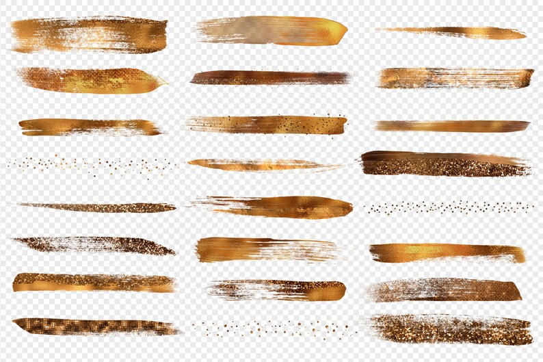 May include: A set of 18 gold brushstrokes and glitter textures, perfect for adding a touch of elegance to your designs. The textures are isolated on a transparent background.