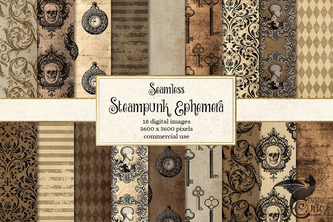Steampunk Ephemera Digital Paper, Seamless Gothic Textures (digital ...