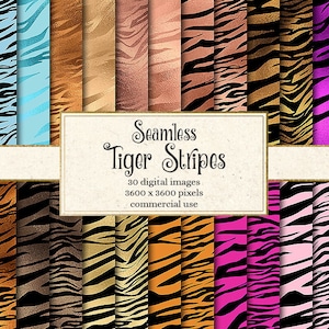 Tiger Stripes Digital Paper, motifs de tigre sans soudure, fonds de peau de tigre or safari, motif de rayures de tigre, tigre argenté, rose et noir