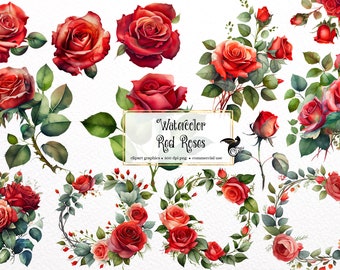 Watercolor Red Roses Clipart - roses and leaves in PNG format instant download for commercial use