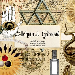Op de afbeelding: Een collage met alchemistische en mystieke beelden. Het bevat een groene draak, een hand met een oog en de tekst "Alchemist Grimoire". De achtergrond is verouderd perkament met handgeschreven tekst en illustraties.