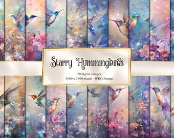 Papel digital Colibríes estrellados, páginas de álbum de recortes celestiales de fantasía (descarga digital)