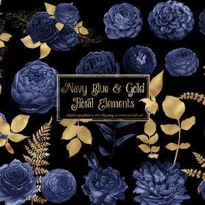 Navy Blue and Gold Floral Elements Clip Art - digital clipart graphics of roses and gold foil leaves in png format for commercial use