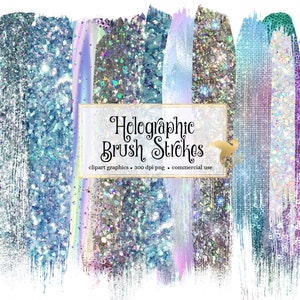 Holo Brush Strokes Clipart, with silver holographic glitter and foil in digital PNG format instant download for commercial use